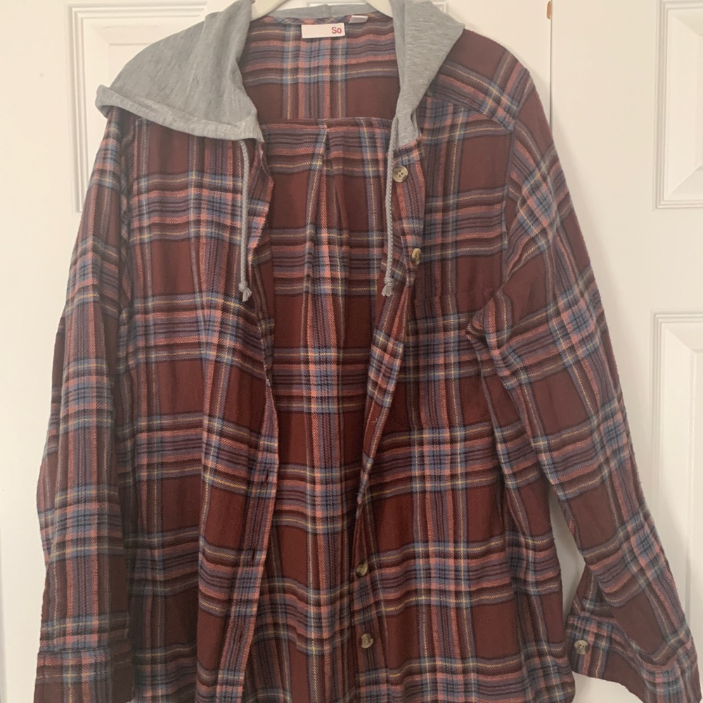 Plaid button up with jacket hood